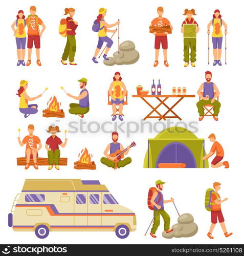 Outdoor Summer Travel Icons Set . Outdoor summer travel icons set with young people resting camping hiking flat vector illustration