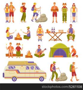 Outdoor Summer Travel Icons Set . Outdoor summer travel icons set with young people resting camping hiking flat vector illustration