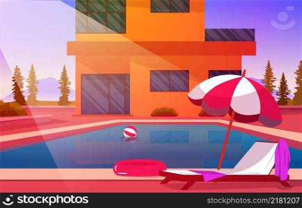 Outdoor Swimming Pool House Summer Leisure Relaxation Flat Design Illustration