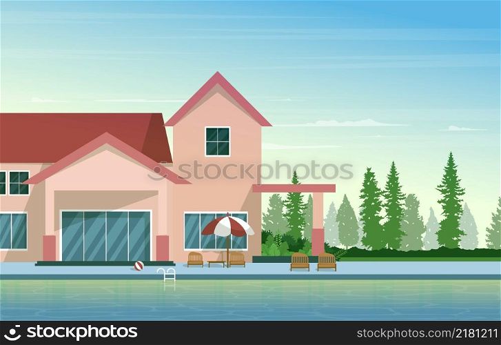 Outdoor Swimming Pool Luxury House Leisure Relaxation Flat Design Illustration