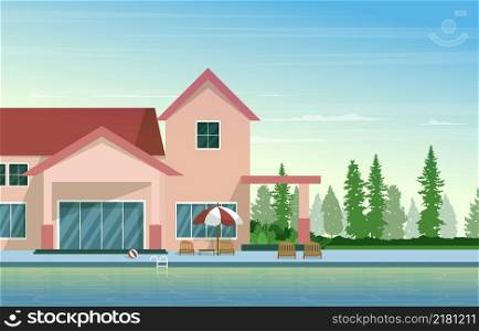 Outdoor Swimming Pool Luxury House Leisure Relaxation Flat Design Illustration