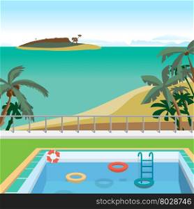 Outdoor swimming pool on the beach in the tropics. Sea landscape summer beach, pool, palms, island. Vector cartoon flat illustration.