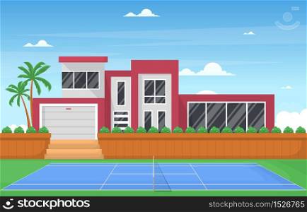 Outdoor Tennis Court Sport Game Recreation Cartoon Villa House Landscape