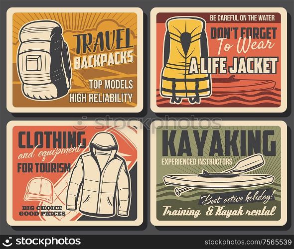 Outdoor tourism, backpacking and hiking sport, mountaineering and river kayaking adventure. Vector retro poster, tourist clothing and hiking equipment shop, water life jacket warning sign. Travel hiking, kayaking and tourism adventure