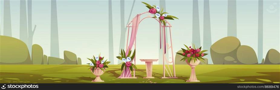 Outdoor wedding reception with floral arch and flowers in pots. Vector cartoon illustration of summer garden or park landscape with objects for marriage ceremony, green trees and grass. Outdoor wedding reception with floral arch