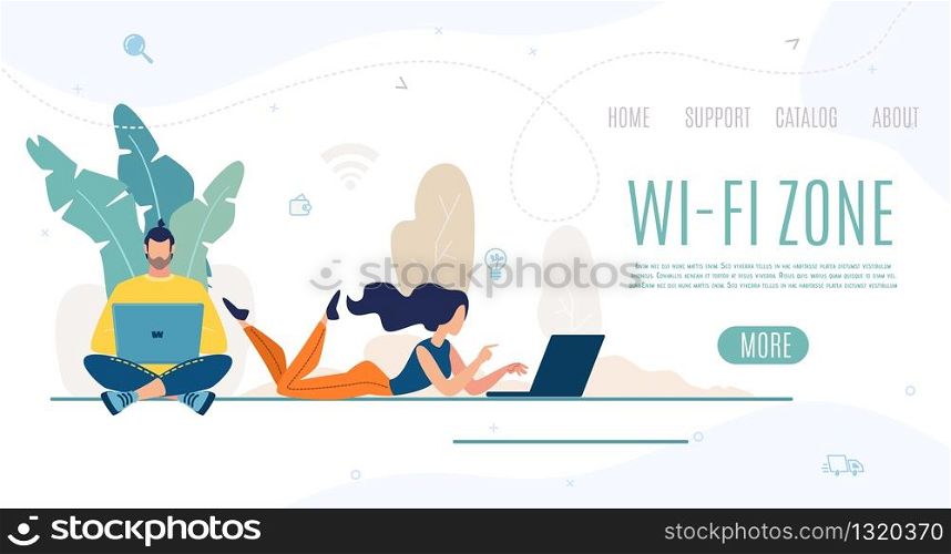 Outdoor Wi-Fi Zone, City Park, Modern Public Space for Work and Recreation Flat Vector Web Banner, Landing Page Template with Man and Woman Resting in City Park, Working on Laptop Outdoor Illustration