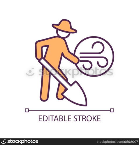 Outdoor work RGB color icon. Farm worker. Working outside. Manual labor. Weather conditions. Farming job. Hard work. Isolated vector illustration. Simple filled line drawing. Editable stroke. Outdoor work RGB color icon