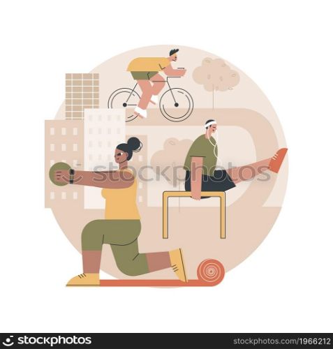 Outdoor workout abstract concept vector illustration. Cardio workout, street gym equipment, outdoor bodyweight training, calisthenics park, exercise program, cycling facility abstract metaphor.. Outdoor workout abstract concept vector illustration.