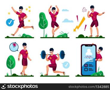 Outdoor Workout, Fitness Training in Park, Healthy Life Activities Trendy Flat Vector Concepts Set. Young Man Jogging, Stretching and Squatting with Barbell, Planning Day with Mobile App Illustrations