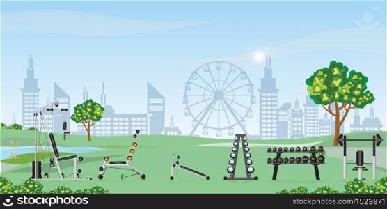 Outdoor workout gym equipment and trainer machine in public park. Street fitness background elements. Sport background. Vector illustration.