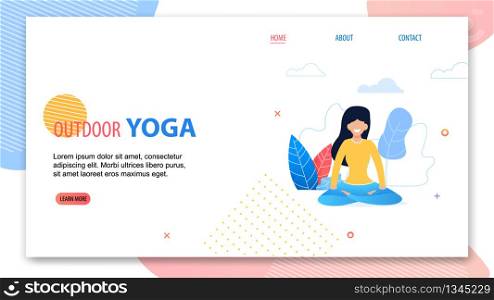Outdoor Yoga. Cartoon Woman Character in Lotus Position Vector Illustration. Female Meditate. Nature Meditation, Stress Relief, Pressure Reduce, Relax. Yoga Class, Training Teacher Instructor. Outdoor Yoga. Cartoon Woman in Lotus Position