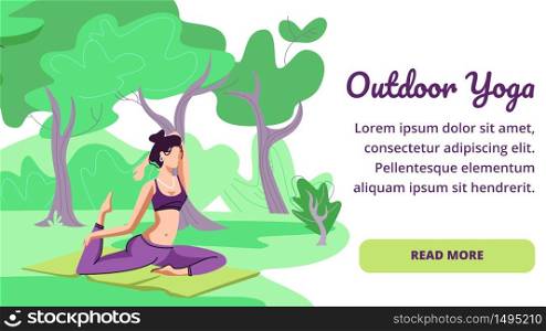 Outdoor Yoga Horizontal Banner, Woman Practice Yoga Outdoors. Healthy Lifestyle, Poster, Flyer, Brochure Template, Sport Classes for Girls, Summer Activity, Body Care. Cartoon Flat Vector Illustration. Woman Practice Yoga Outdoors. Healthy Lifestyle