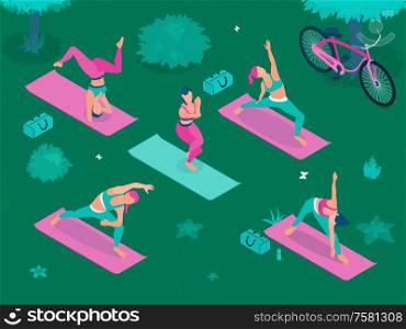 Outdoor yoga isometric poster with young women in yoga poses in park zone vector illustration