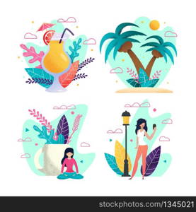 Outdoors Activities on Tropical Island Cartoon Set. Ad Banner Template with Female Tourist Character. Woman Meditating, Doing Yoga, Taking Selfie. Beach and Palms Illustration. Vector Exotic Cocktails. Outdoors Activities on Tropical Island Cartoon Set