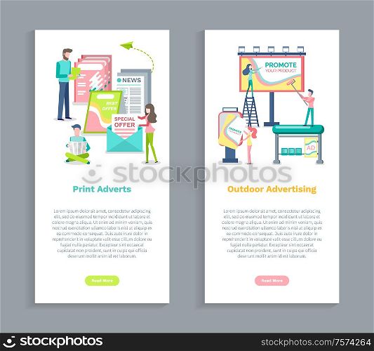 Outdoors advertising, print adverts vector. People working on posting advertisements, marketing and promotion, newspaper and magazines special offer. Outdoors Advertising and Print Adverts Web Pages