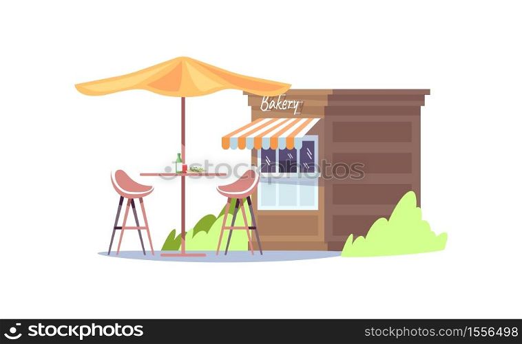 Outdoors bakery semi flat RGB color vector illustration. Store to sell baked goods. Food festival. Chairs under umbrella in urban park. Food counter isolated cartoon object on white background. Outdoors bakery semi flat RGB color vector illustration