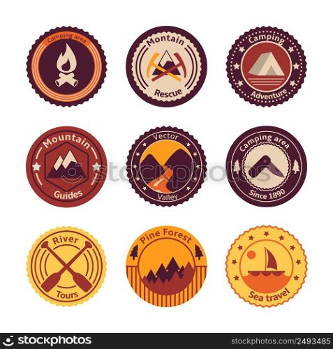 Outdoors tourism camping flat badges set of road mountain tree and nature isolated vector illustration