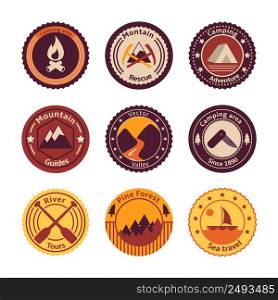 Outdoors tourism camping flat badges set of road mountain tree and nature isolated vector illustration