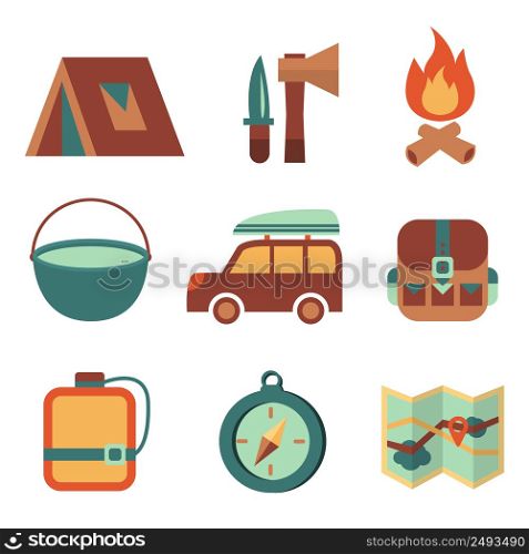 Outdoors tourism camping flat icons set of campfire tent backpack tools and map isolated vector illustration