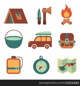 Outdoors tourism camping flat icons set of campfire tent backpack tools and map isolated vector illustration