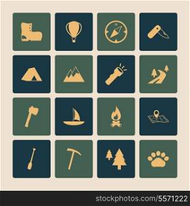 Outdoors tourism camping flat icons set of road mountain tree and nature isolated vector illustration