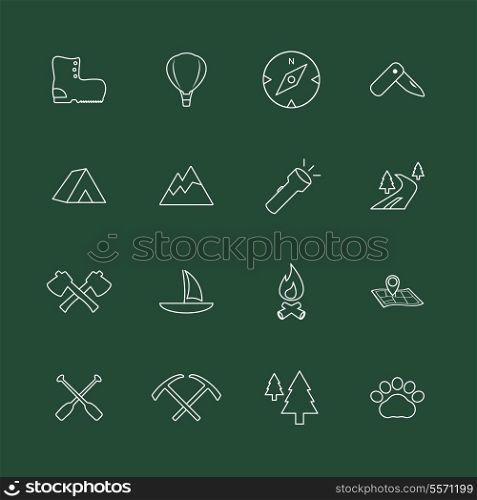 Outdoors tourism camping internet website elements of fire camp axe and boots isolated vector illustration