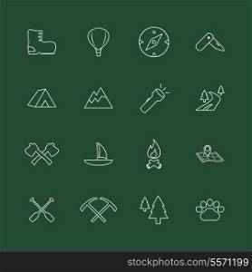 Outdoors tourism camping internet website elements of fire camp axe and boots isolated vector illustration