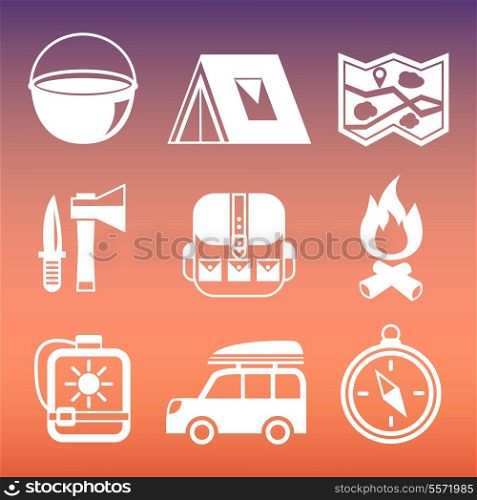 Outdoors tourism camping pictograms collection of compass tent campfire and knife isolated vector illustration