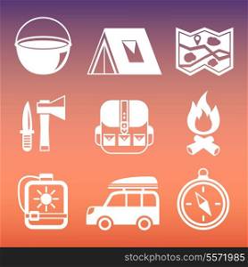 Outdoors tourism camping pictograms collection of compass tent campfire and knife isolated vector illustration