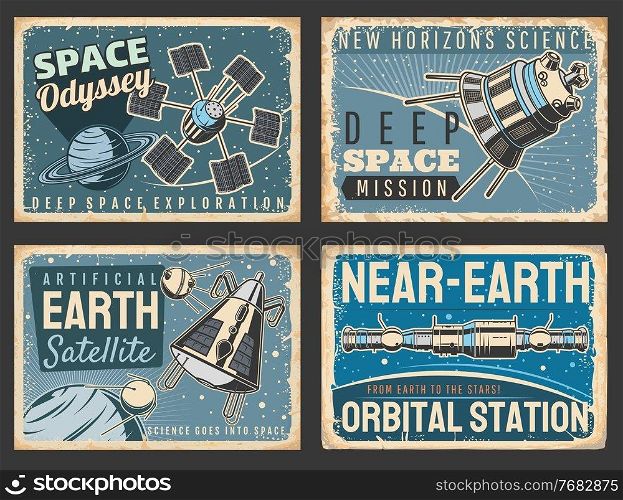 Outer space and galaxy research vector retro posters. Satellites and near Earth orbital station in universe with stars and planets. Galaxy, deep Space exploration, cosmic mission, vintage cards set. Outer space and galaxy research vector posters