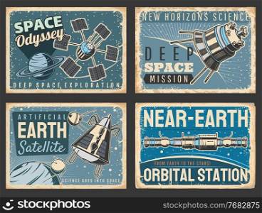 Outer space and galaxy research vector retro posters. Satellites and near Earth orbital station in universe with stars and planets. Galaxy, deep Space exploration, cosmic mission, vintage cards set. Outer space and galaxy research vector posters