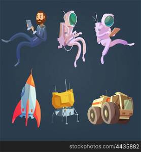 Outer Space Cartoon Set. Outer space cartoon set with spaceship and astronautics symbols isolated vector illustration