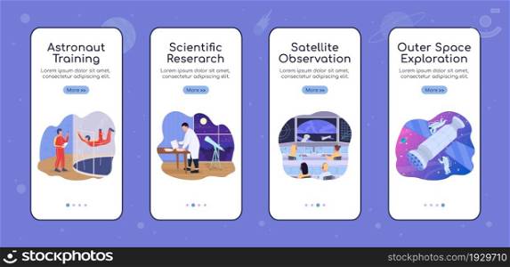 Outer space exploration onboarding mobile app screen flat vector template. Walkthrough website 4 steps with characters. Creative UX, UI, GUI smartphone cartoon interface, case prints set. Outer space exploration onboarding mobile app screen flat vector template