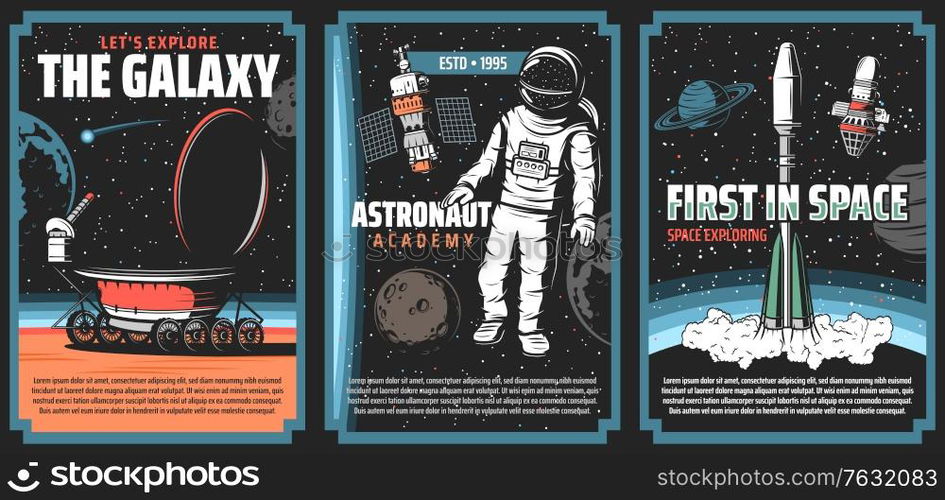 Outer space explore, vector retro posters Galaxy exploration, cosmos adventure vintage cards with astronaut in outer space, rover walk on mars surface, satellite and rocket on earth orbit in universe. Outer space explore, vector retro vintage posters