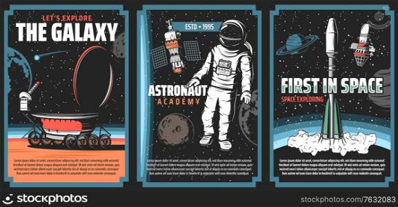 Outer space explore, vector retro posters Galaxy exploration, cosmos adventure vintage cards with astronaut in outer space, rover walk on mars surface, satellite and rocket on earth orbit in universe. Outer space explore, vector retro vintage posters