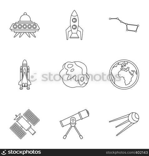 Outer space icons set. Outline illustration of 9 outer space vector icons for web. Outer space icons set, outline style
