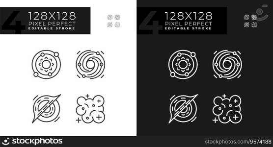 Outer space pixel perfect linear icons set for dark, light mode. Cosmic phenomena. Astronomical discoveries. Thin line symbols for night, day theme. Isolated illustrations. Editable stroke. Outer space pixel perfect linear icons set for dark, light mode