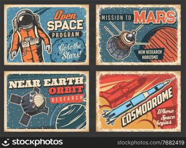 Outer space program and near Earth orbital research vector retro posters. Astronaut, satellites and space ship in universe. Galaxy, deep space exploration, cosmic mission, vintage grunge cards set. Outer space program, near Earth orbital research
