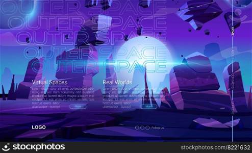 Outer space website. VR technologies, augmented reality with universe exploring and galaxy travel. Vector landing page with cartoon fantastic landscape of alien planet. Vector landing page of virtual outer space