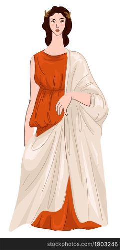 Outfit of antique people in roman empire , isolated female character wearing dress or long robe. Woman representing clothes in rome, antiquity and ancient look and fashion. Vector in flat style. Woman wearing roman dress or robe, ancient look