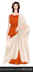 Outfit of antique people in roman empire , isolated female character wearing dress or long robe. Woman representing clothes in rome, antiquity and ancient look and fashion. Vector in flat style. Woman wearing roman dress or robe, ancient look