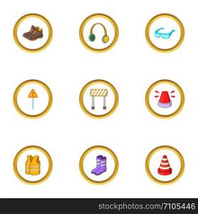 Outfit of road worker icons set. Cartoon style set of 9 outfit of road worker vector icons for web design. Outfit of road worker icons set, cartoon style