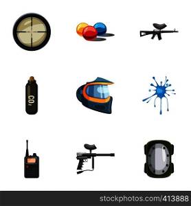 Outfit paintball icons set. Cartoon illustration of 9 outfit paintball vector icons for web. Outfit paintball icons set, cartoon style