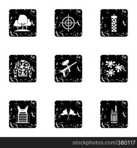 Outfit paintball icons set. Grunge illustration of 9 outfit paintball vector icons for web. Outfit paintball icons set, grunge style