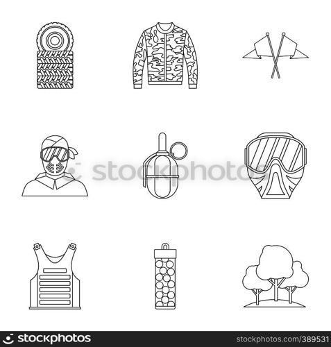 Outfit paintball icons set. Outline illustration of 9 outfit paintball vector icons for web. Outfit paintball icons set, outline style