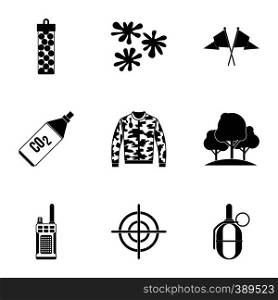 Outfit paintball icons set. Simple illustration of 9 outfit paintball vector icons for web. Outfit paintball icons set, simple style