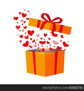 Outflying red hearts from yellow present on white background. Vector illustration of many tiny confetti in box decorated with red ribbon and beautiful bow. Element of decor for Christmas holidays.. Outflying Hearts from Present on White Background