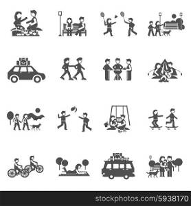 Outing black icons set with parents and kids playing outdoors isolated vector illustration. Outing Icons Set