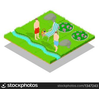 Outing concept banner. Isometric banner of outing vector concept for web, giftcard and postcard. Outing concept banner, isometric style