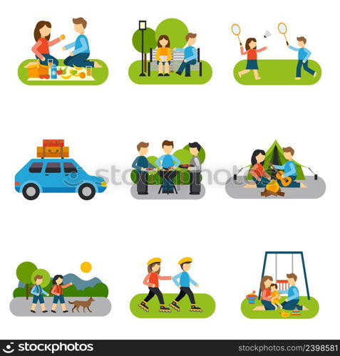 Outing concepts with friends and families outdoors isolated vector illustration. Flat Icon Outing